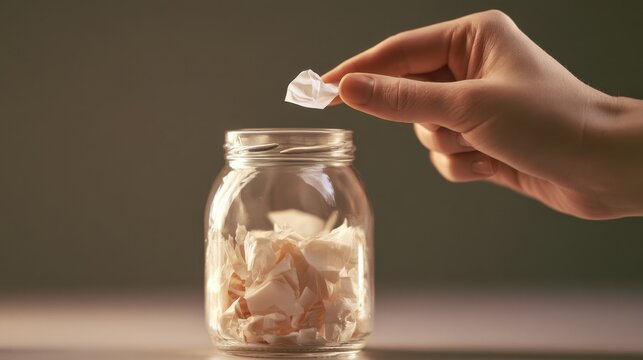 Hand removing a crumpled paper from transparent glass jar filled with crumpled papers on smooth surface with dark blurred background