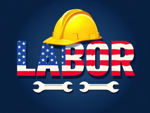 Yellow hard hat on american flag with labor wrenches illustration