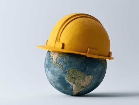 Yellow hard hat on top of globe illustration