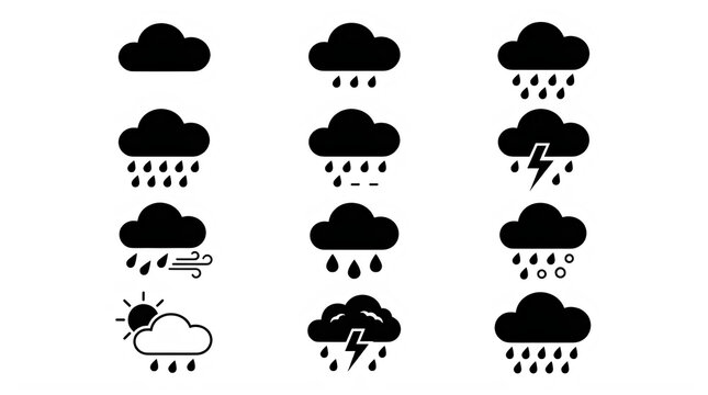 Various weather icons showing different types of cloud and precipitation conditions transparent background