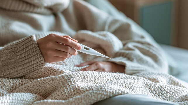 Person checking body temperature with a digital thermometer. Wrapped in a warm knitted blanket. Resting at home. Experiencing illness. Fever. Or flu symptoms, copy space
