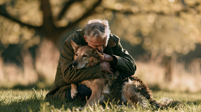 Senior man embracing beloved dog outdoors in a sunny park, sharing a moment of deep affection, friendship, and loyal companionship in nature