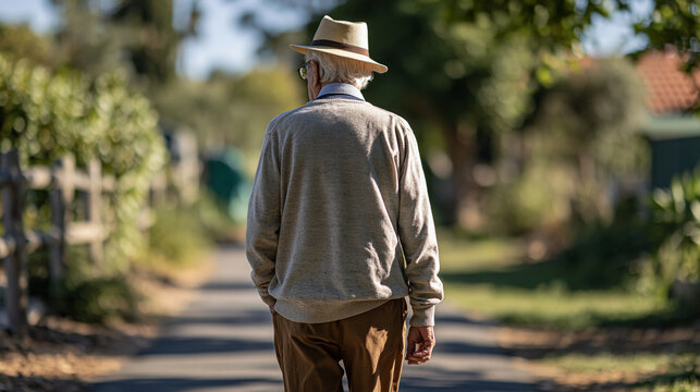 Elderly man with hat walking down a sunny residential path, moving towards the future, experiencing solitude and the journey of aging and retirement