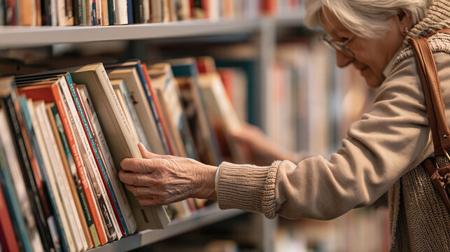 Senior woman choosing a book from a library shelf, engaging in lifelong learning and enjoying her retirement with a love for literature and knowledge, copy space