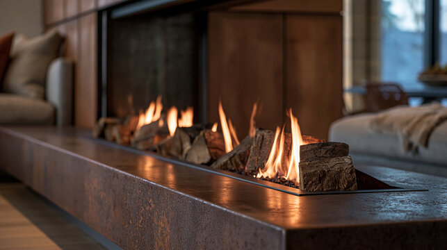 Modern living room interior showcasing a sophisticated gas fireplace with burning flames and faux logs