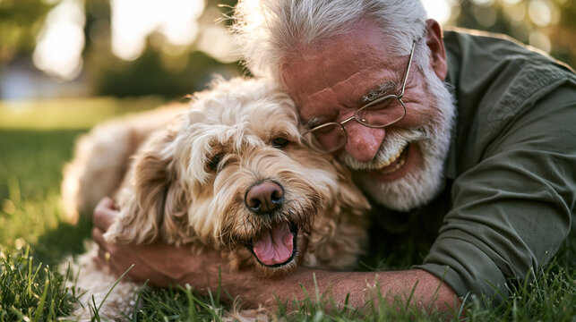 Senior man embracing dog on green grass, sharing happy moments during golden hour, depicting friendship, loyalty, and companionship in retirement life