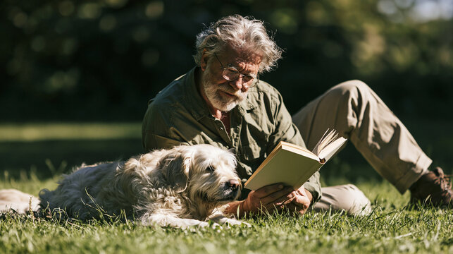 Senior man enjoying a book, relaxing outdoors in a park with his golden retriever dog, finding companionship and serenity during leisure time