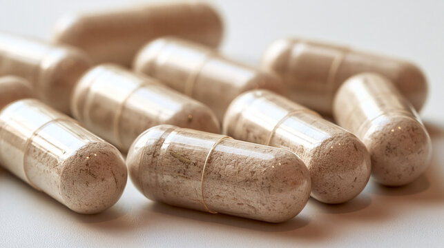 Group of transparent capsules filled with light brown powder, representing herbal supplements, medication, or homeopathic treatment for health, wellness, and natural medicine