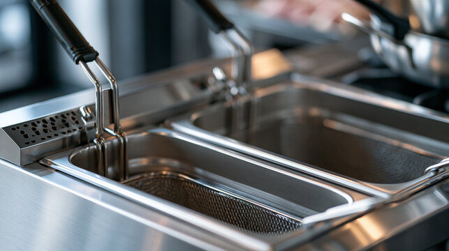 Commercial deep fryer with empty stainless steel baskets in a professional kitchen, symbolizing restaurant industry, fast food preparation, catering equipment, and culinary operations