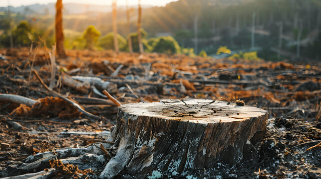 Environmental impact, Tree stump in deforested area highlighting environmental impact, forest loss and conservation awareness