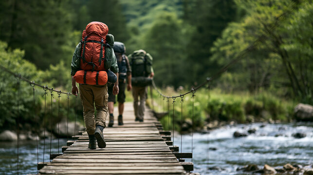 Group of trekkers with large backpacks crossing a wooden suspension bridge over a flowing river, symbolizing adventure, exploration, and teamwork in nature