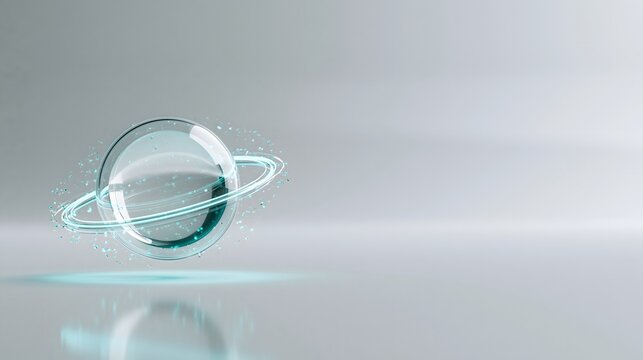 Futuristic crystal planet with cyan light ring on bright background
