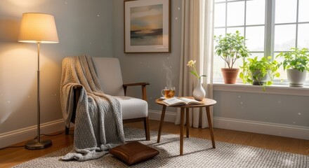 Fototapeta premium Cozy living room with armchair and sunny window.