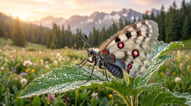 Parnassius apollo butterfly on dew covered leaf at sunrise