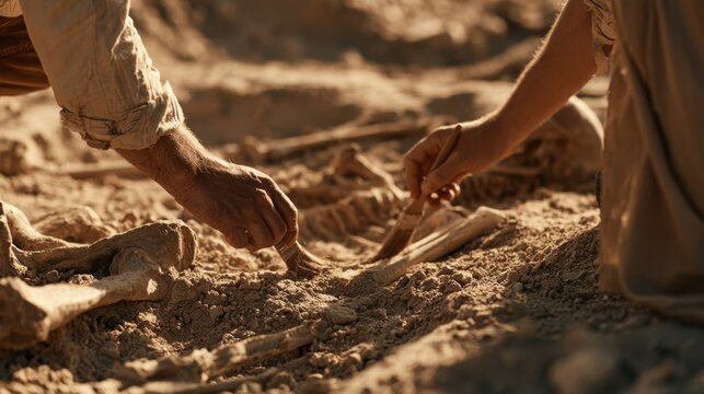 Archaeologist hands carefully brushing and uncovering ancient human fossil bone fragment during excavation in dry dusty soil ground environment