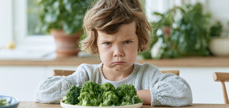 Frustrated toddler refusing green vegetables during family meal in a warmly lit kitchen with natural light.