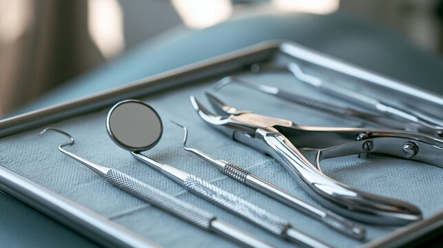 Dental instruments laying on a tray in a professional clinic, representing modern dentistry, oral care, hygiene, and advanced healthcare equipment