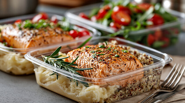 Salmon fillets with quinoa, mashed potatoes, and fresh rosemary in clear meal prep containers, representing healthy eating and balanced nutrition for lunch or dinner