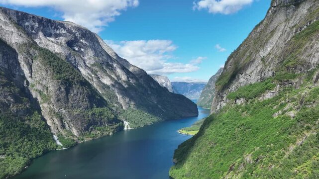 Aerial view of N&aelig;r&oslash;yfjord, massive fjord landscape in Norway