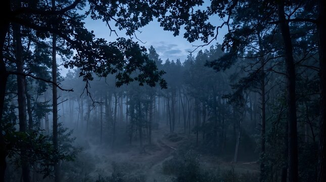 A moody landscape view of a dense forest filled with thick morning mist and tall pine trees