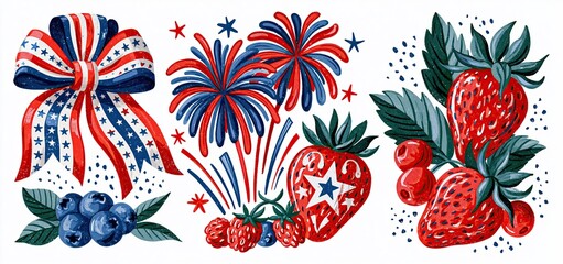 Obraz premium Retro patriotic 250th anniversary design with festive ribbons, fireworks, and fresh berries celebrating Independence Day.