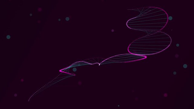 Glowing purple dna helix strands rotating in dark space representing genetic science and medical research innovation