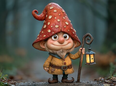 Cute gnome with mushroom hat holding a glowing lantern