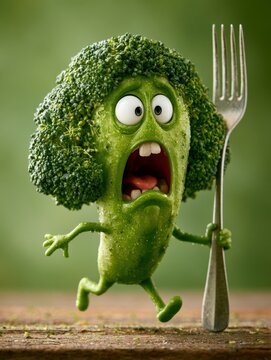 Scared broccoli character running from a giant fork