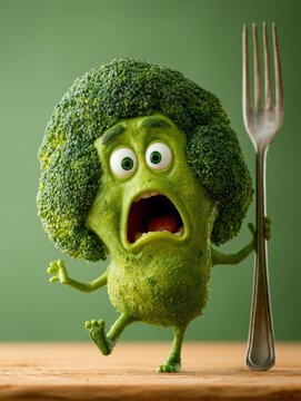 Scared broccoli character screaming at a fork