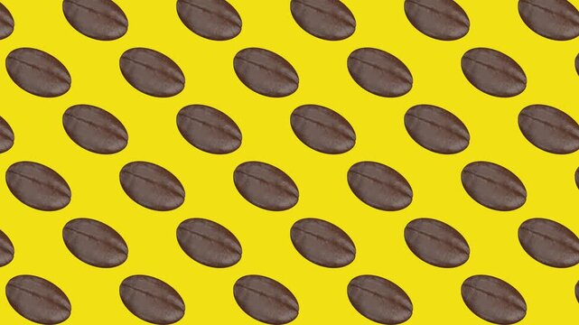 Coffee beans rotate in synchronized rows on a vivid yellow background, creating a seamless animated pattern for cafe, caffeine, breakfast and beverage themes. 3D animation