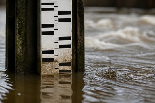 Water level gauge measuring flood level at river bank