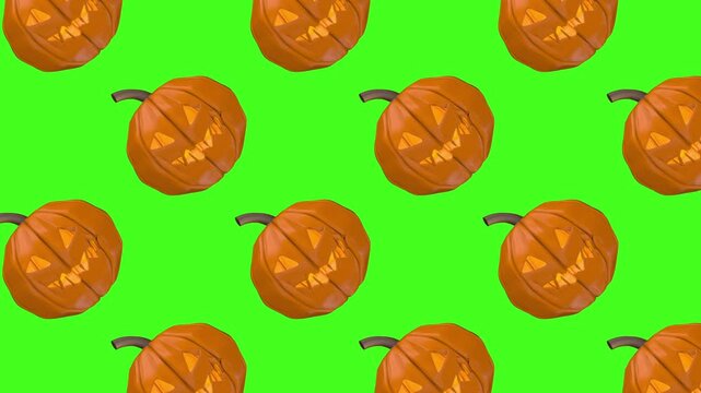 Scary carved pumpkins rotate in synchronized rows on a bright green background, forming a seamless Halloween pattern with jack-o'-lantern faces. 3D animation