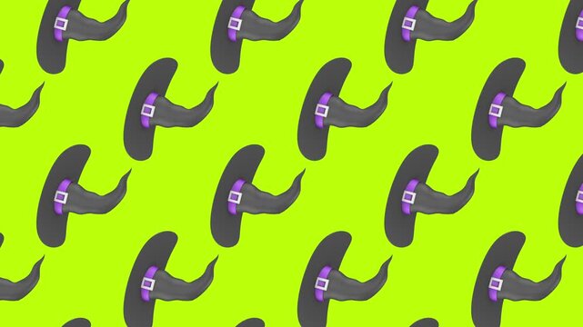 Black witch hats with purple bands rotate in synchronized rows on a lime green background, forming a seamless Halloween magic pattern. 3D animation