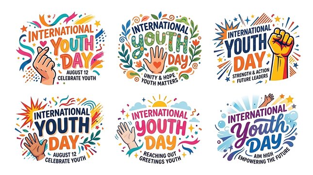 International Youth Day typographic designs with floral elements and hand gestures vector illustration