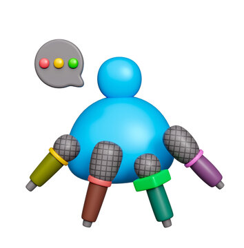 microphones pointed toward speaker silhouette icon and speech bubble. interview, press conference, media interaction concept. 3D render cartoon style
