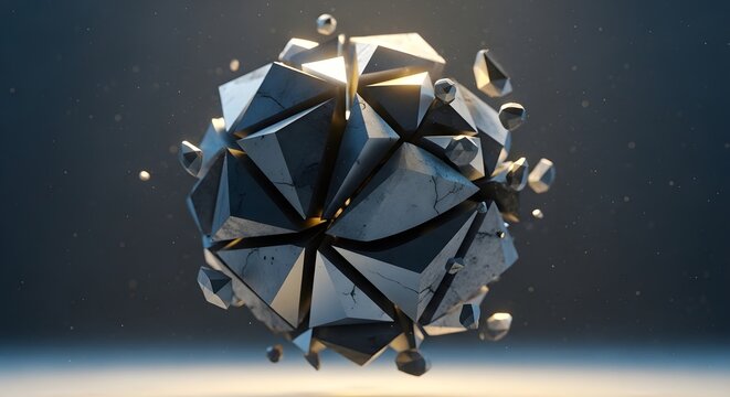 Abstract geometric sphere with fractured stone pieces and golden glowing light against a dark cinematic background