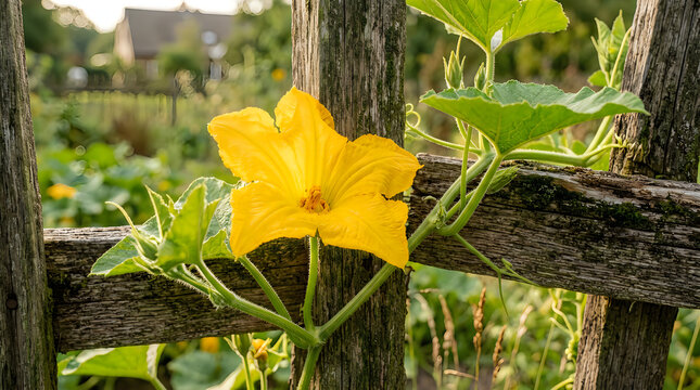 Bright yellow squash blossom growing on a rustic wooden garden fence
