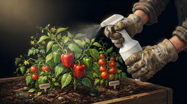 Gardener wearing gloves misting fresh pepper plants in a wooden garden box