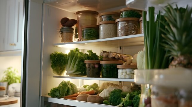A well  ed refrigerator filled with fresh vegetables and neatly organized glass jars of pantry staples