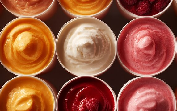 Various flavors of artisanal ice cream in cups including vanilla, raspberry, mango and fruit sorbets viewed from above creating vibrant pattern