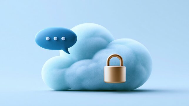 Cloud with a lock and a speech bubble shows ideas of security in online communication and storage during a digital age