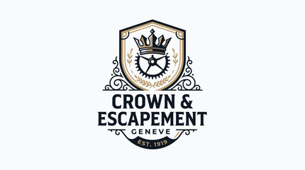 Naklejka premium Crown and Escapement vintage logo design Grand Watchmaker Atelier,