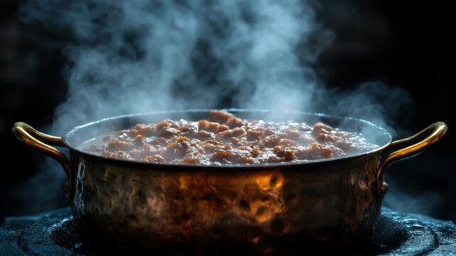 A rustic pot of stew simmering, with steam rising against a dark backdrop, creating an atmospheric scene