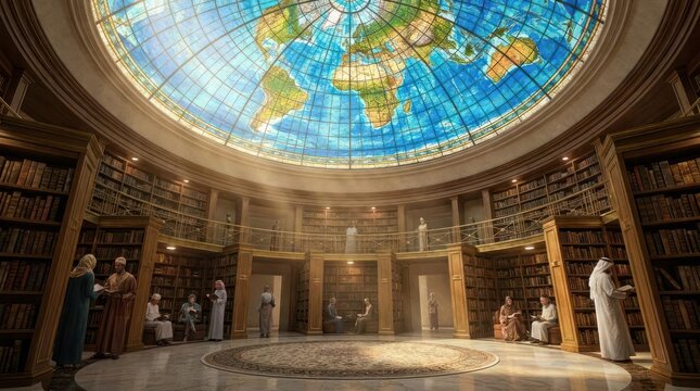 Grand circular library with world map stained glass dome.