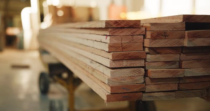 Stock, carpentry or wood in warehouse for storage, supply chain and production materials. Logistics, inventory and empty storehouse with timber planks on trolley, manufacturing and woodwork industry