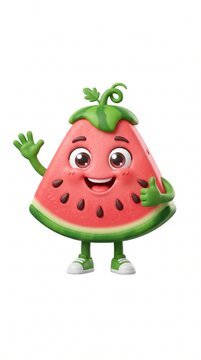 Cute animated watermelon mascot waving hand. Friendly fruit character greeting with cheerful smile and vibrant green leaves.