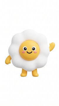 Cute 3D fried egg character with smiling face and arms waving. Animated breakfast food mascot for fun branding and playful marketing campaigns.