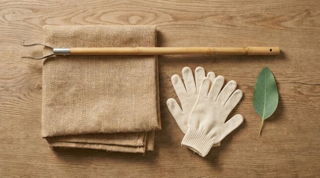 Essential gardening tools and burlap on rustic wooden surface.