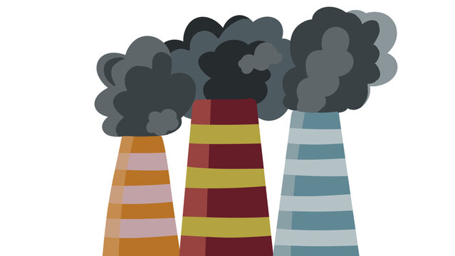Illustration of three industrial factory chimneys emitting dark smoke, representing air pollution and carbon emissions isolated on a transparent background
