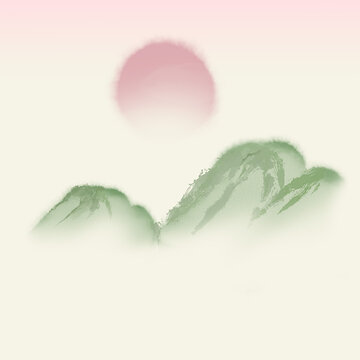 Korean Ink Wash Landscape with Sun and Mountains, Minimal Vector Background